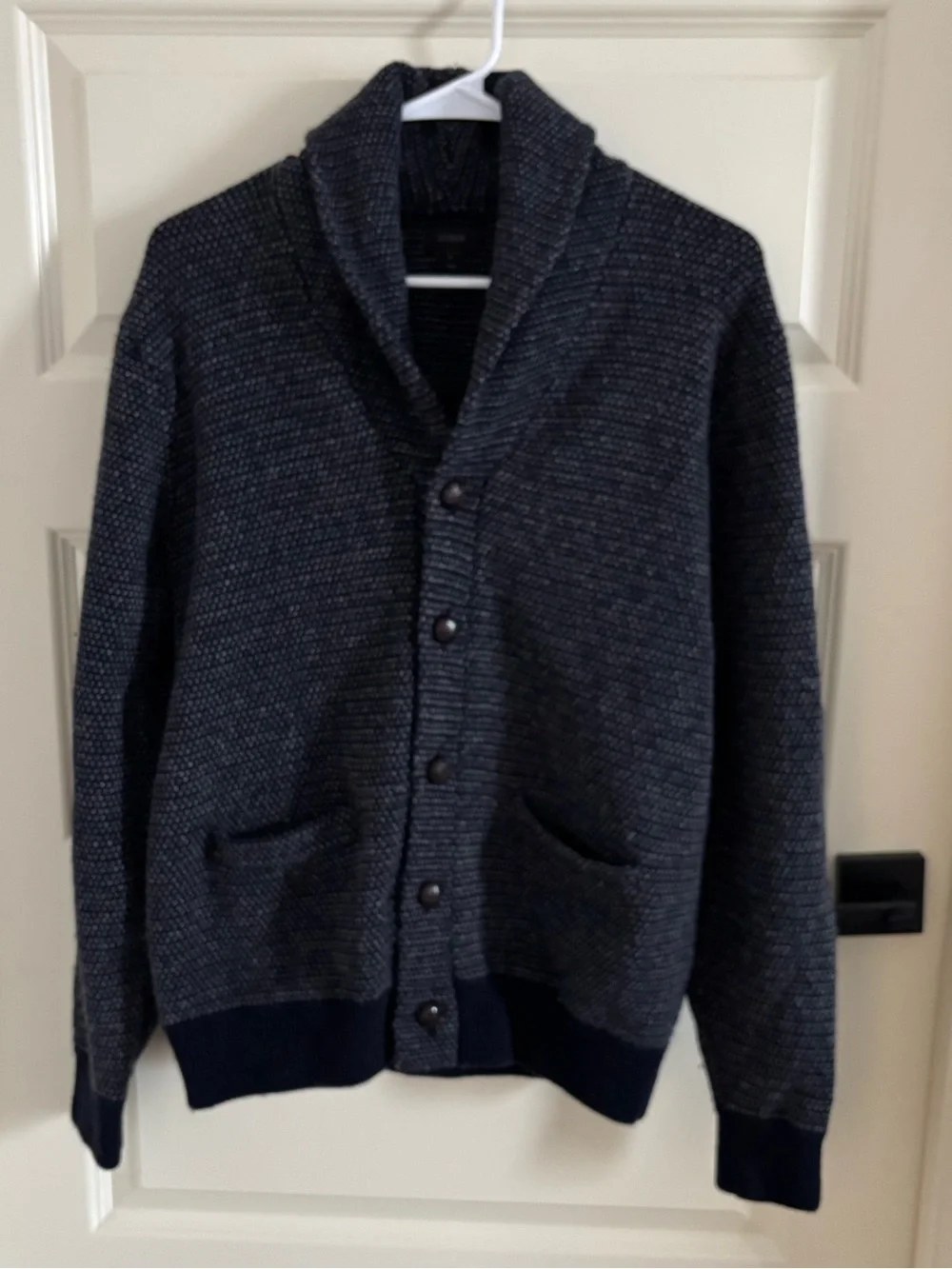 J. Crew Men's Shawl Collar Cardigan in Dark Charcoal/Navy Trim 100% Lambs Wool